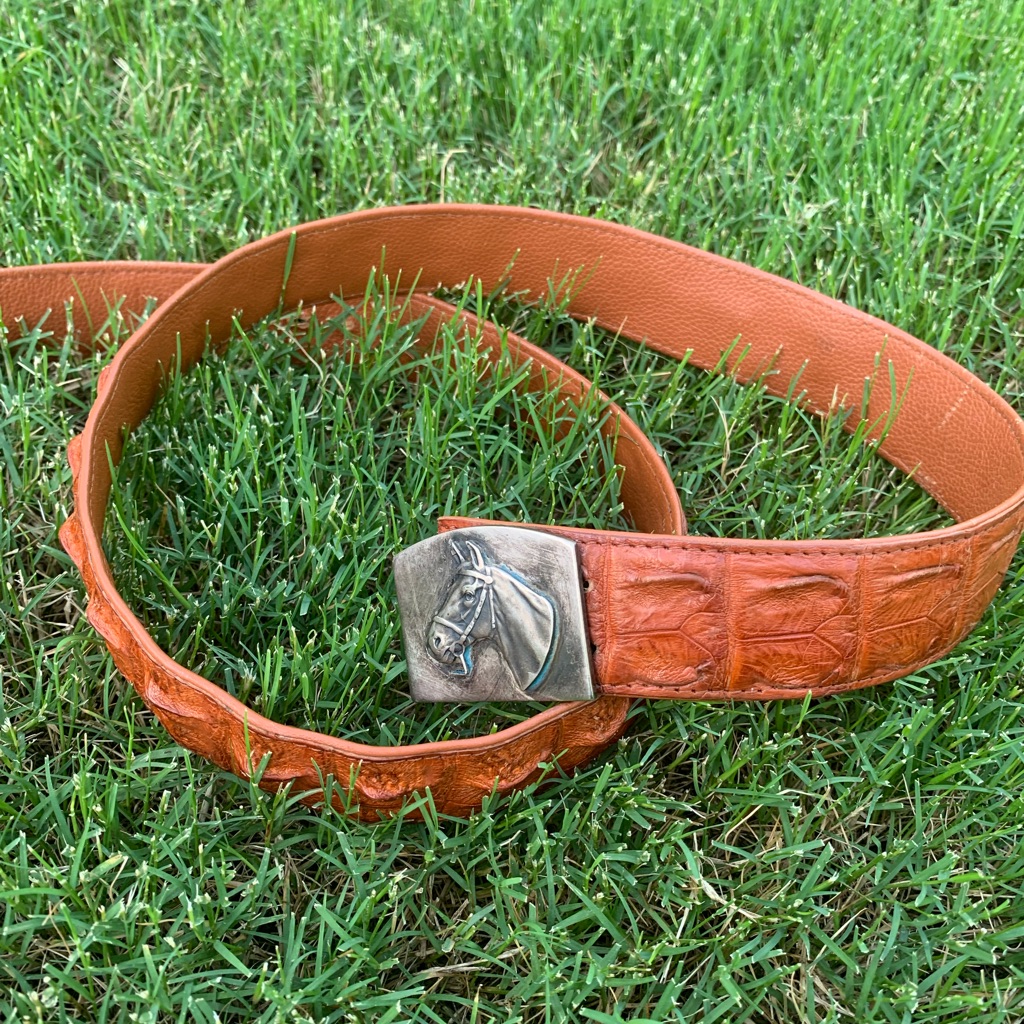 Leather Belt With Horse Buckle Vintage River Crocodile Brand Unisex 45